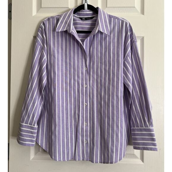 ZARA Purple Striped Boxy Boyfriend Relaxed Button Front Blouse Top - Picture 1 of 7